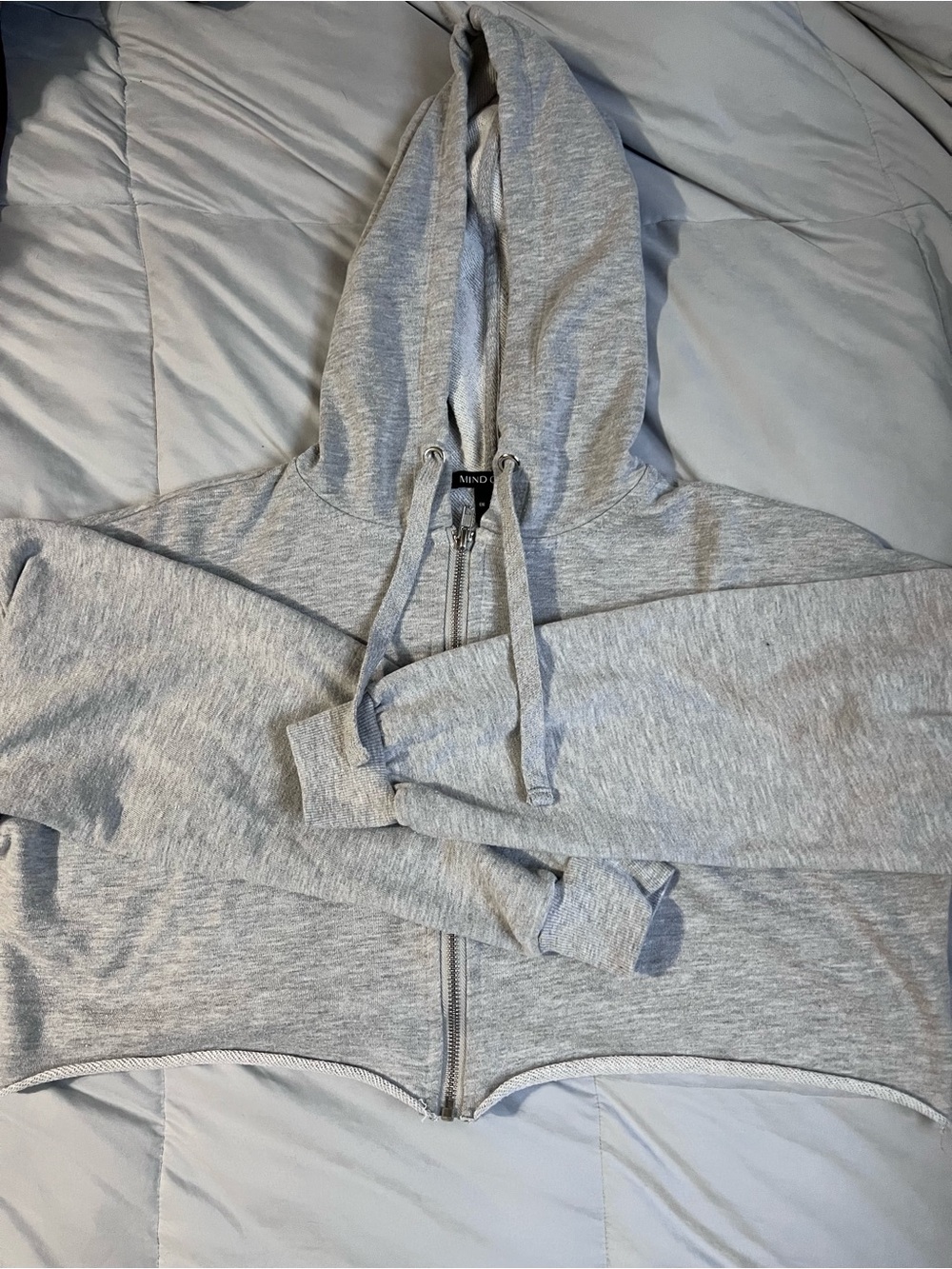 Cropped Heather Gray Zip-Up Hoodie with Drawstring Hood